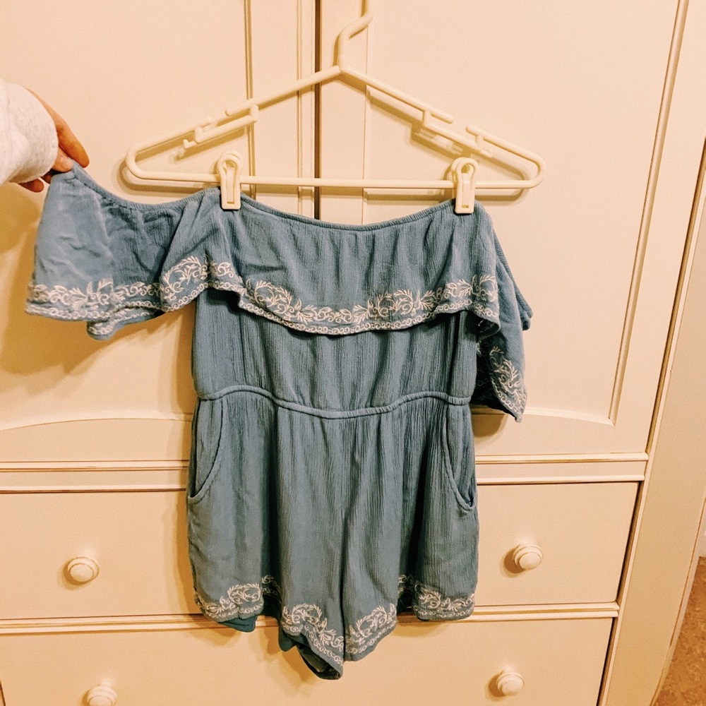 Baby Blue Embroidered Off-the-Shoulder Romper